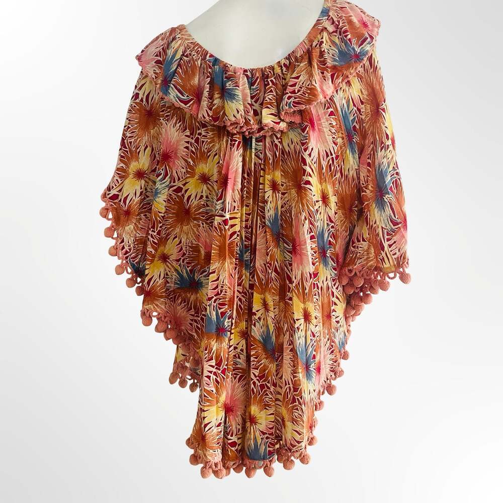 Tropical Sunburst Print Ruffle Pom Pom Poncho Cover-Up - Picture 2 of 4